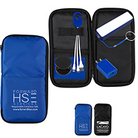 Cell Phone Charger Travel Kit includes Tech Components as shown inserted into Polyester Zipper Pouch